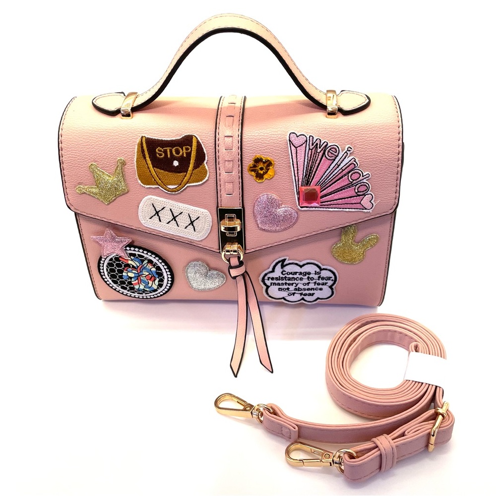 Pink Leather Handbag Patches Gemstones NEW with tags